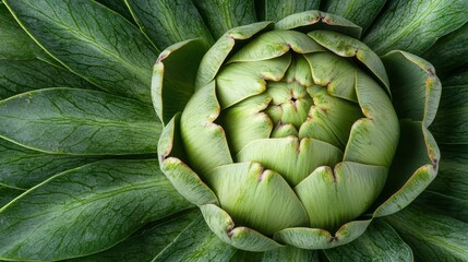 Fototapeta premium Close-up of a fresh green artichoke with detailed leaves in a radial pattern.