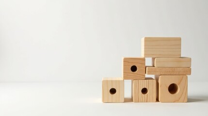A minimalist arrangement of unfinished wooden blocks with centered holes, stacked against a bright white background, suggesting concepts of construction, design, or simple play.