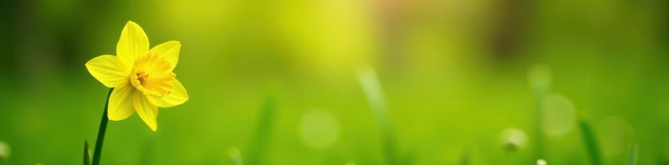 Fototapeta premium Solemn yellow daffodil, vibrant green meadow bokeh, beauty, landscape