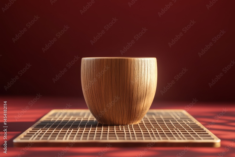 Poster empty wooden teacup on a patterned mat.