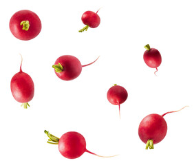 Fresh raw Red Radish with green leaves falling in the air isolated on white backgriund. Food levitation or zero gravity conception.