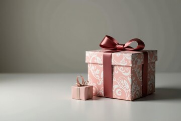 A delicately wrapped pink gift box with a mauve ribbon sits beside a smaller, similarly styled present on a minimalist white surface