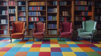 Colorful patterned floor and antique reading chairs in a well-stocked library.