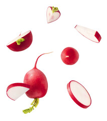 Fresh raw Red Radish with green leaves falling in the air isolated on white backgriund. Food...