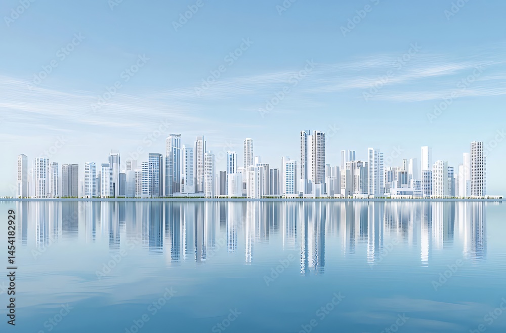 Poster 青い空の下 水面に映る未来的な都市のパノラマ風景 高層ビルと白い建物の美しい光景