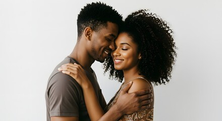 A smiling couple embracing tenderly against a plain white background in a loving affectionate moment