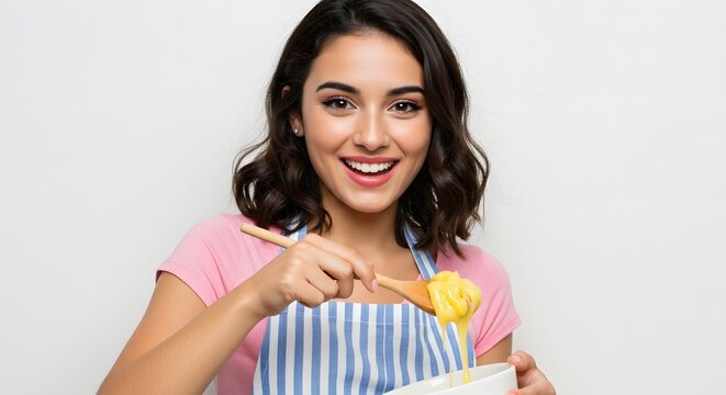 Smiling woman in apron stirring batter with wooden spoon in bowl against a white background studio shot