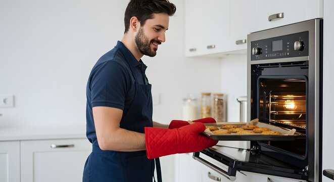 Man with oven mitts taking a baking sheet of cookies out of the oven in a bright white kitchen