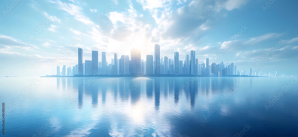 Aufkleber 水面に映る未来都市のスカイライン 青い空と雲の光景 穏やかな風景 自然光の建築デザイン