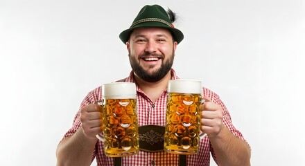 Man in traditional german attire holding two full beer steins against a white background smiling
