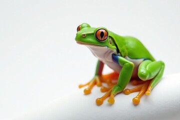 Green tree frog perched on white, vibrant skin, wildlife, reptile
