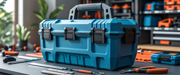 A blue tool box with various hand tools on a workshop table with shelves