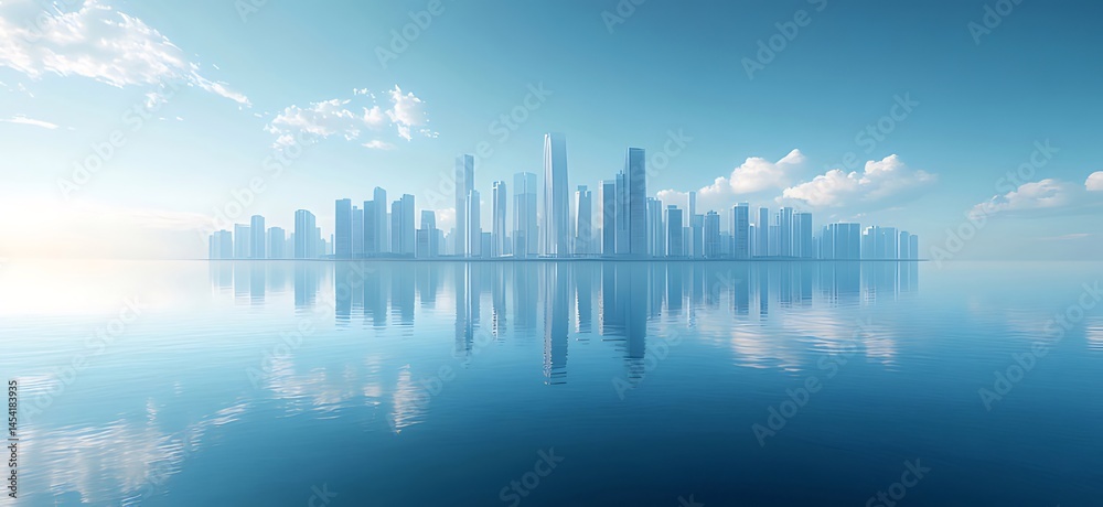 Aufkleber 水面に浮かぶ青い空と都市の風景 雲と光が美しい近代的な高層ビル群のパノラマビュー