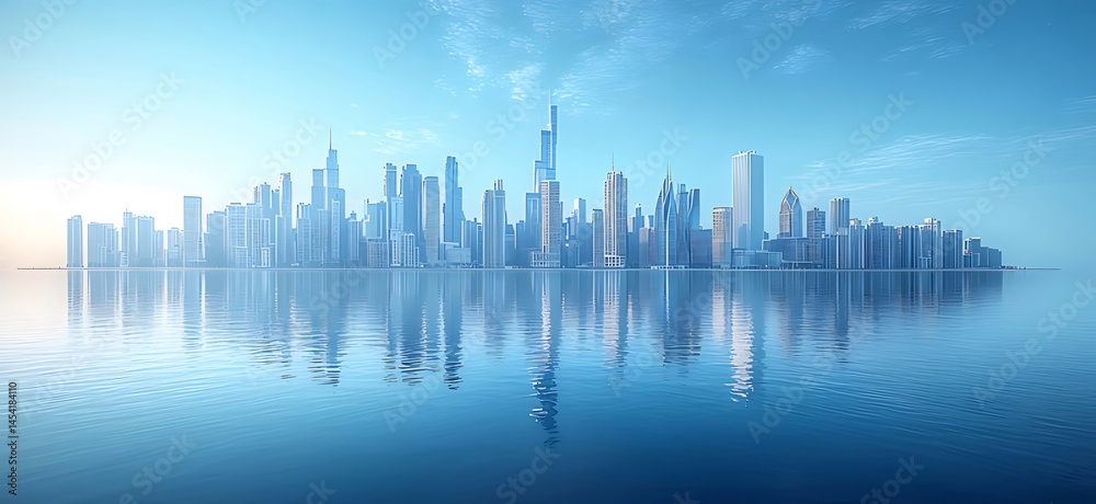 Poster 水面に映る未来都市の青い風景 建築物と空の幻想的な光景 美しい現代的なデザイン