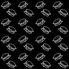 Black and white concept of burger pr hamburger seamless pattern. Hand drawn burger doodle on black background