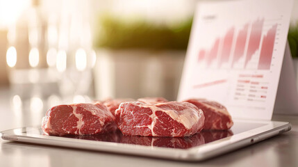 Fresh cuts of meat displayed on a tablet, showcasing culinary trends and analytics.