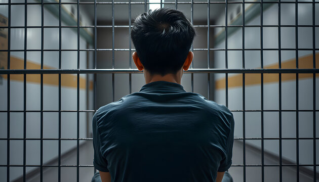 Asian male teenager sits with his back against a metal fence wall in a juvenile detention center. Concept of detention, freedom, confinement, reformation, loneliness and depressed isolated with whit