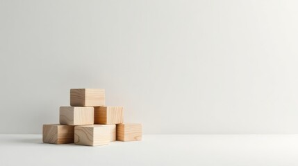 A simple arrangement of light-colored wooden blocks on a minimalist white surface against a plain backdrop