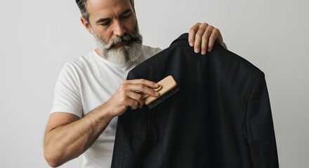 Man with beard brushing a black jacket with a wooden brush in front of a plain white background