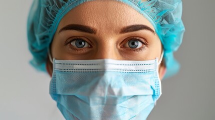 Close-up of a healthcare worker with blue eyes wearing a surgical mask and cap. Emphasizes professionalism and patient care.