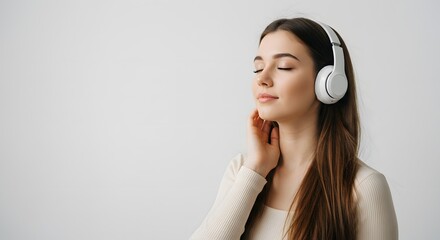 A woman with closed eyes wearing white headphones and a light sweater against a white background space