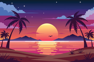 Scenic Sunset with Palm Tree Shadows