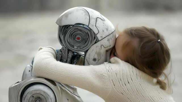 Girl hugs robot in heartwarming display of friendship at robotics event outdoors