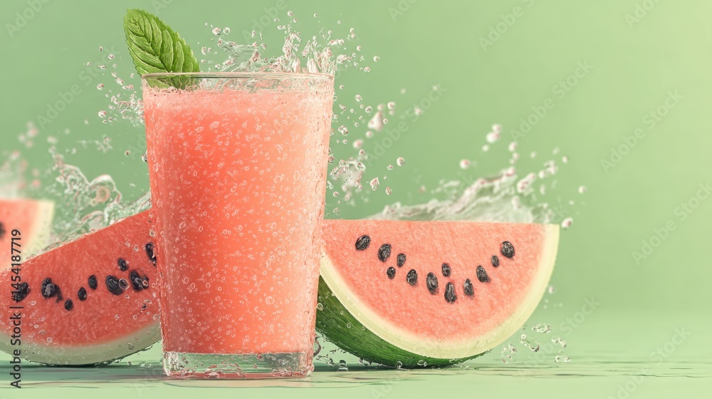 Poster Refreshing watermelon smoothie with splash and slices on a vibrant green background