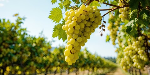 Green Grapes Clustered on Vineyard Vine