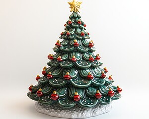 Festive ceramic Christmas tree. Green, ornaments, snow base, and topped with gold star