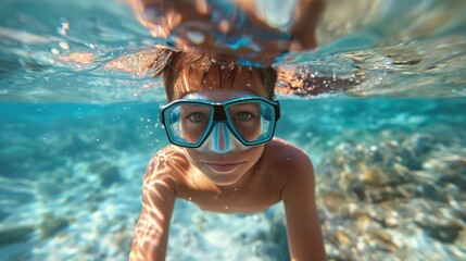Fototapeta premium Young Boy Snorkeling in Clear Waters