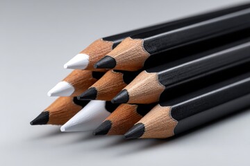Artistic arrangement of colored pencils in shades of black, white, and brown on a light surface