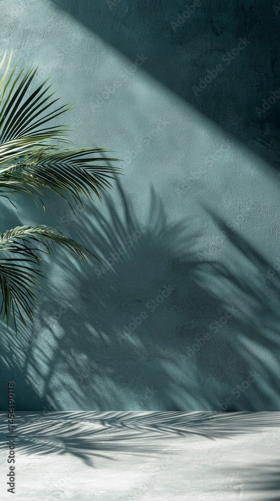 Poster palm fronds cast intricate shadows on a textured green wall, creating a calm atmosphere in a well-li
