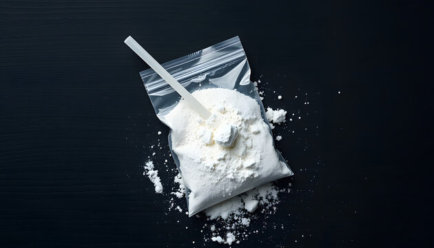 ketamine drugs and plastic straw on bag of white powder on black wood background.Drug epidemic concept isolated with white highlights, png. White tone