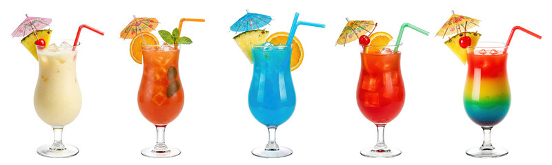 five sunny cool tropical cocktails in hurricane glasses: piña colada, rum punch, blue lagoon, tequila sunrise, rainbow hurricane, each garnished with fruit slices, paper umbrellas, and colorful straws