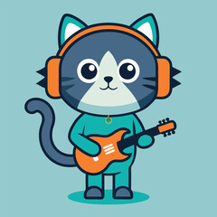 A cartoon-cat-stands-with-a-guitar-and-headphones 