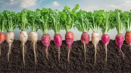 Colorful radishes with lush green tops growing in rich soil under a blue sky.