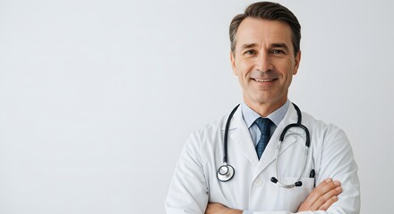 Fototapeta premium Portrait of a smiling doctor in a white coat with a stethoscope around his neck and arms crossed