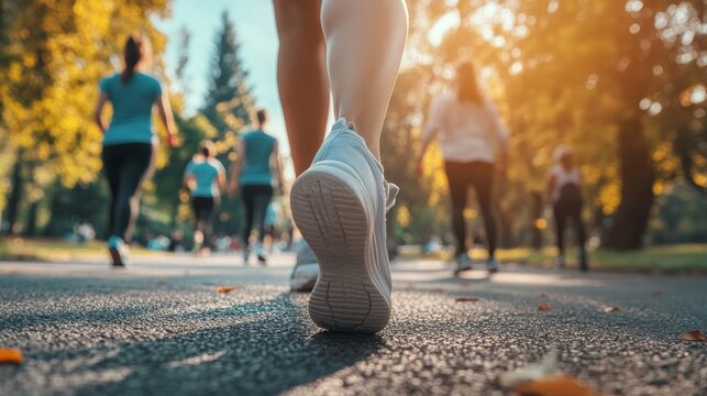 A group of fit and active people jogging in a park on a sunny fall day, wearing sportswear and sneakers, participating in outdoor exercise and staying healthy.
