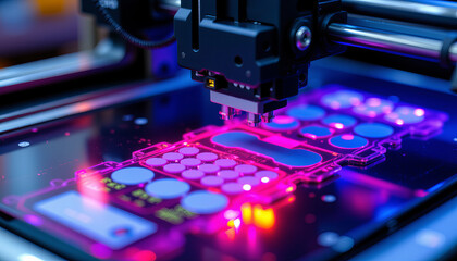 Fototapeta premium 3D printer creating electronic parts with vibrant neon lighting and detailed components