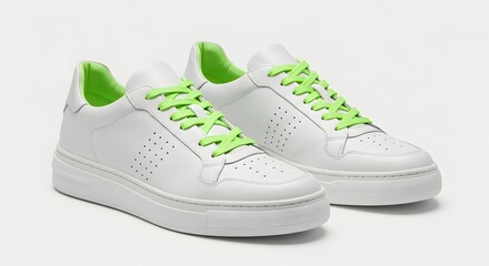 A pair of white sneakers with bright green laces and accents on a white background studio shot