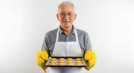 Elderly man holding a tray of cookies wearing oven mitts and an apron smiling at the camera happily