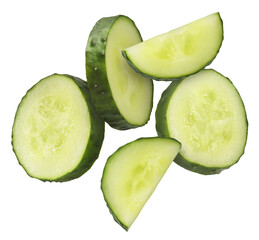 Fresh raw cucumber  falling in the air isolated on white background. Food levitation or zero gravity conception