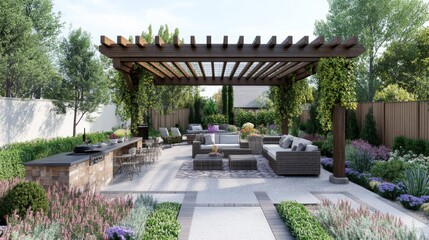 Fototapeta premium Rustic Wooden Pergola Patio Design with Wicker Furniture