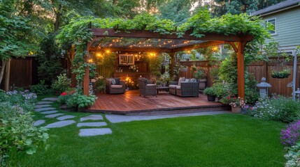 Naklejka premium Evening Garden Patio with Pergola and Lighting