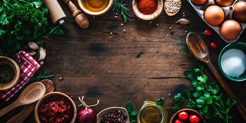 Rustic Cooking Ingredients on Wooden Table

