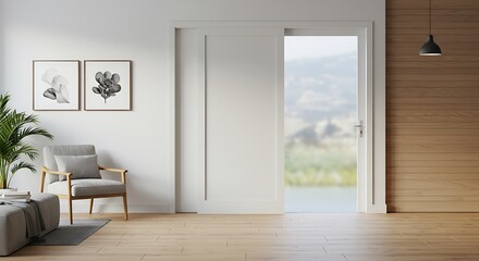 A bright, modern interior featuring a white sliding door, a comfortable armchair, and a view to an outdoor landscape.