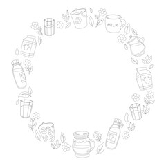 Coloring book wreath with milk and dairy
