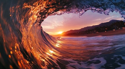 Sunset through a vibrant ocean wave
