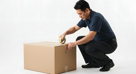 Man in dark shirt and pants sealing a cardboard box with tape on a white background in a studio shot